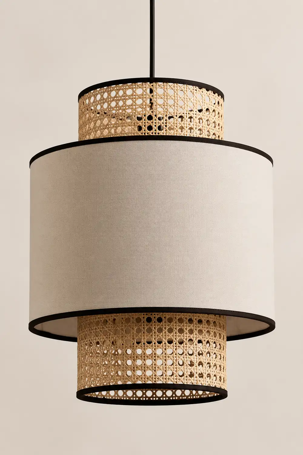 Ritta Retro Fabric and Rattan Pendant Light, Beige - Lumpaz