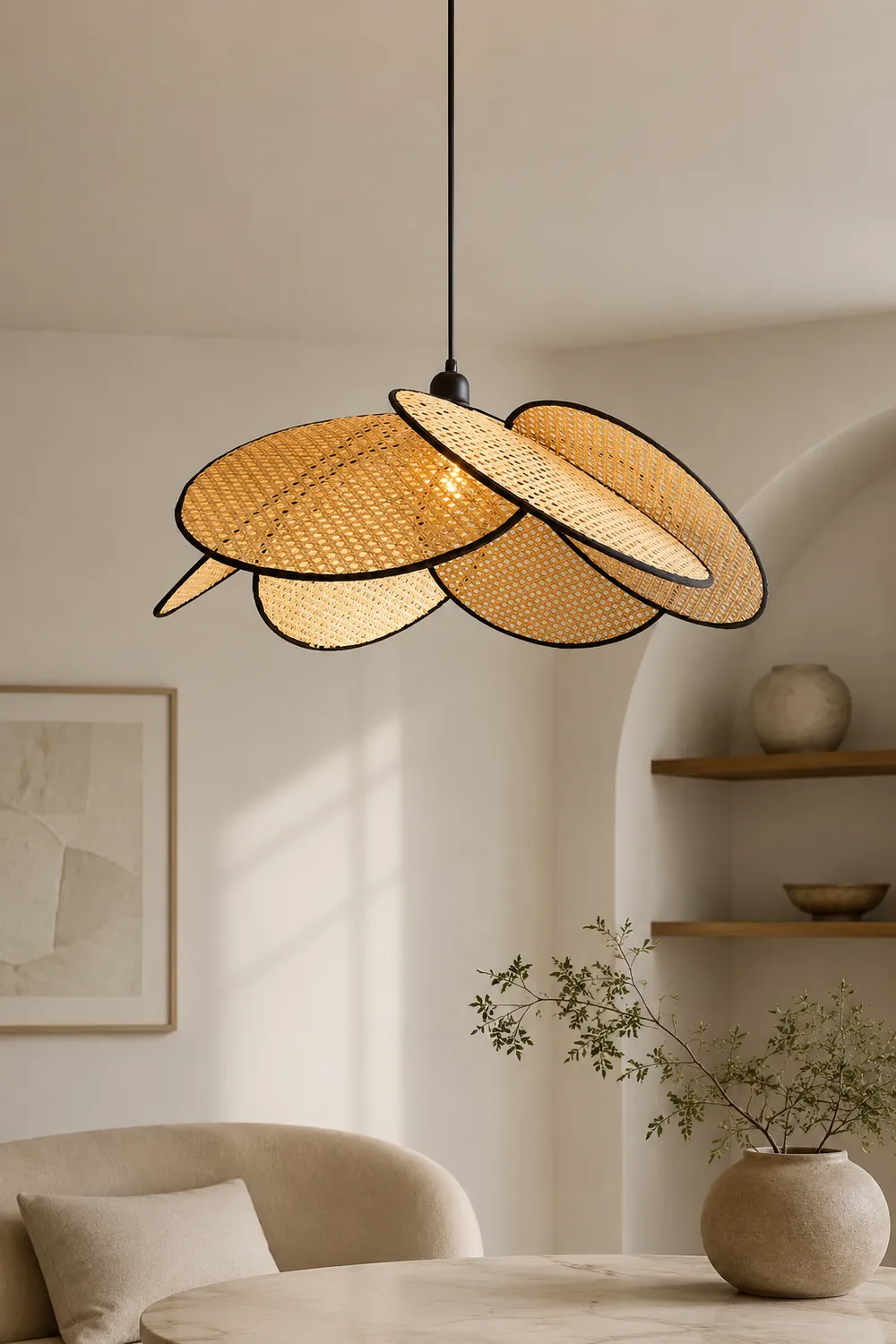 Ritta Willow Weave  Rattan Pendant Light, Black/White - Lumpaz