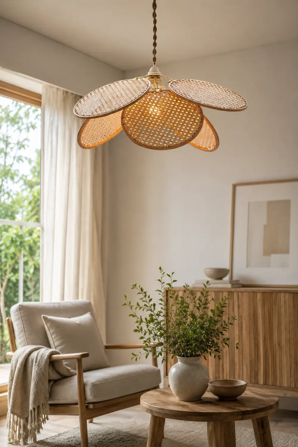 Ritta French Country Rattan Weave Creative Fan Pendant Light, Wooden - Lumpaz