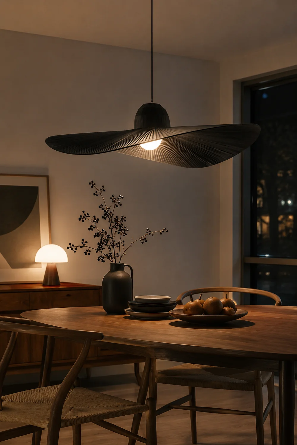 Renée Modern Woven Wide-Brimmed Hat Shape Metal/Fabric Pendant Light, Black/White - Lumpaz