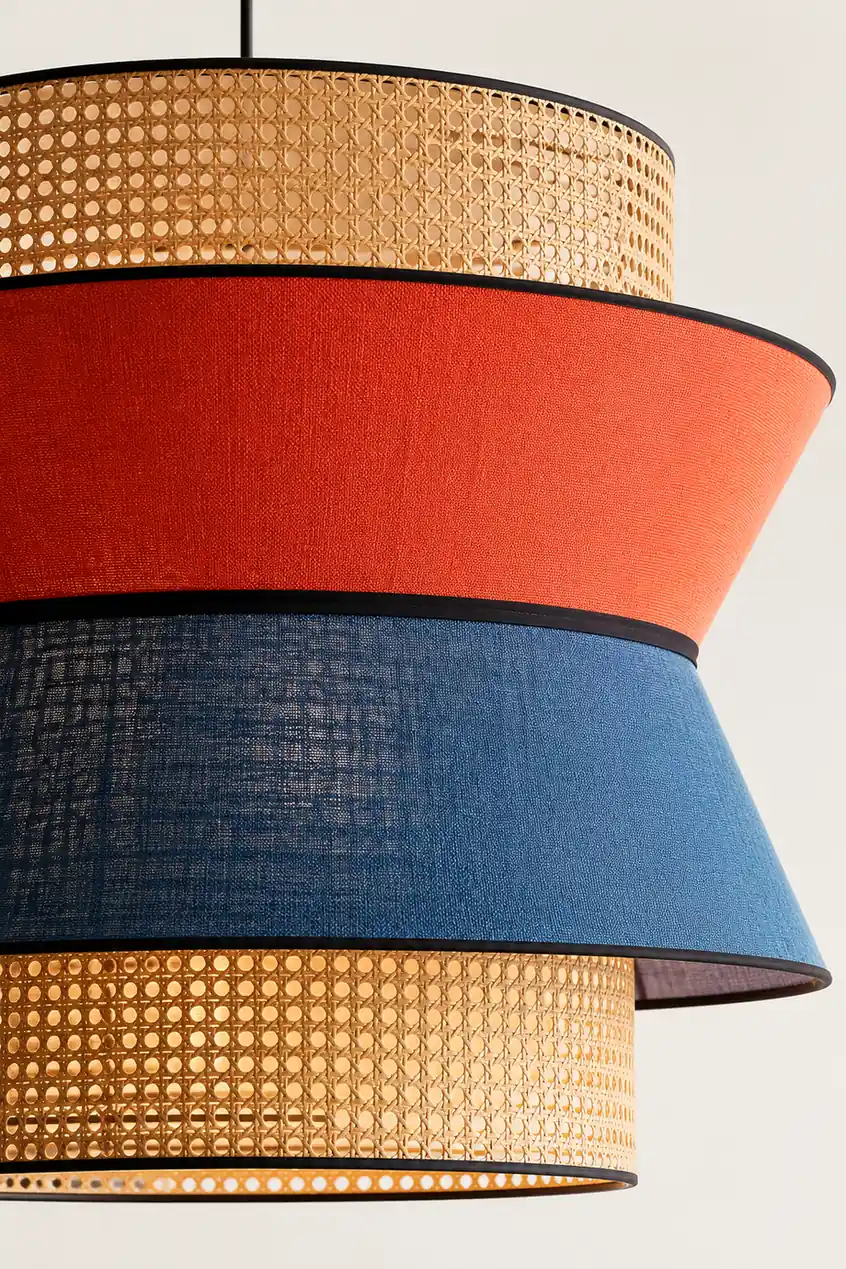 Ritta Fabric and Rattan Pendant Light, Orange/Dark Blue - Lumpaz