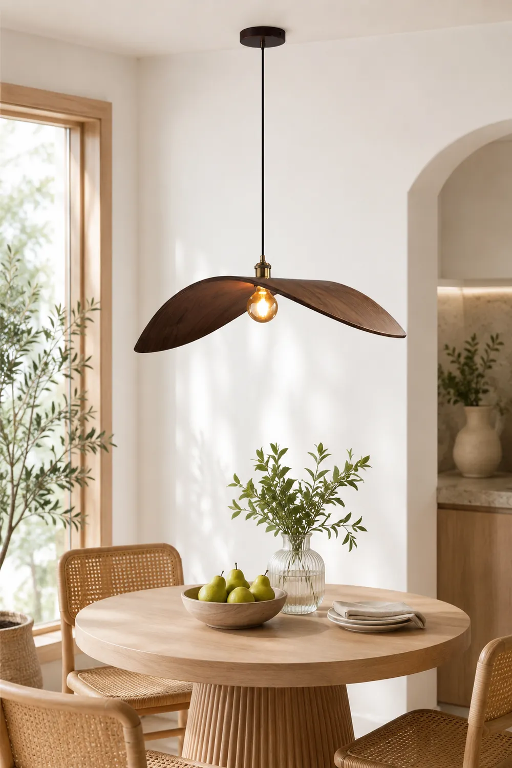 Ozawa Curved Art Pendant Light, Metal & Wood - Lumpaz