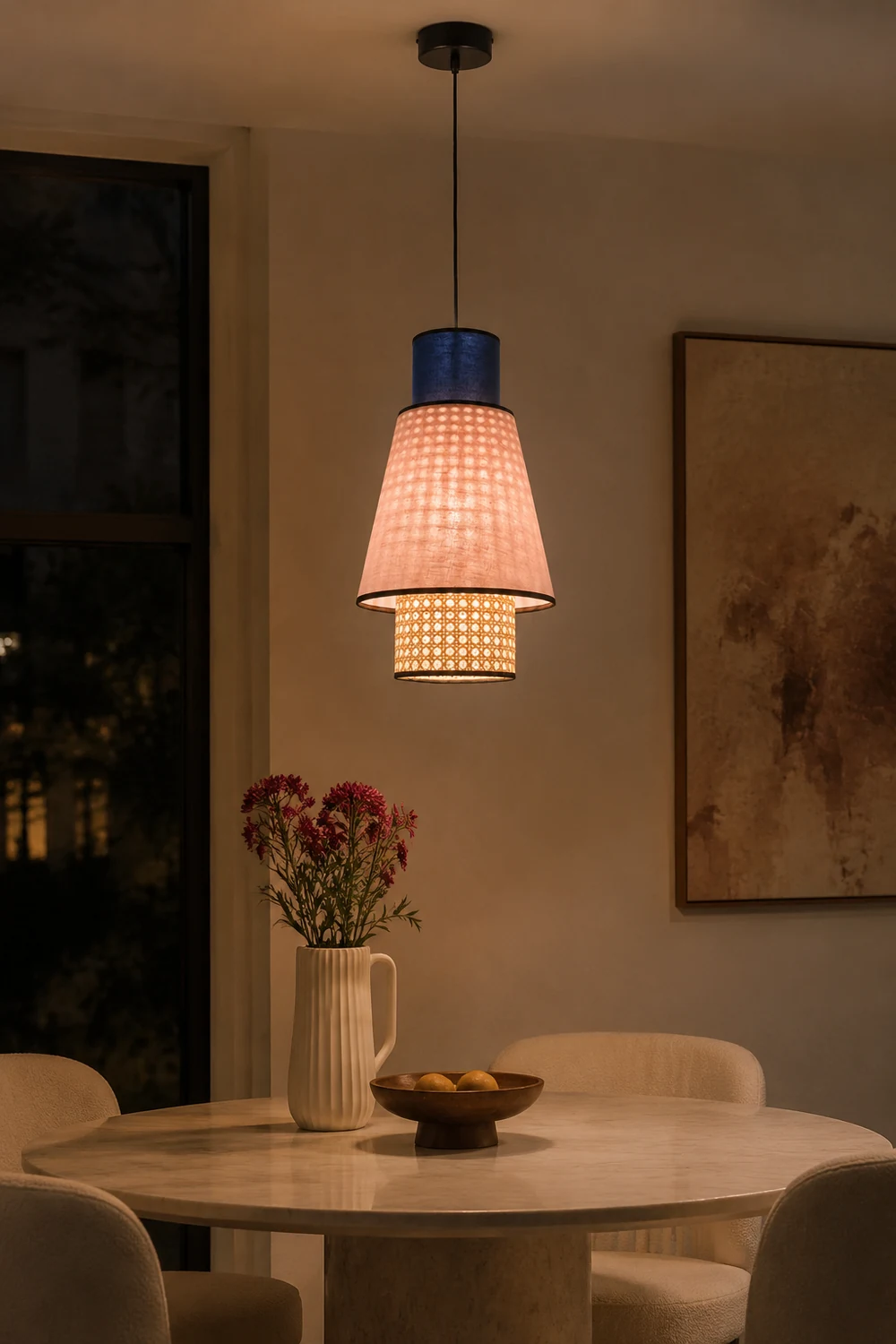 Ritta Cylindrical Fabric/Rattan Pendant Light, Pink/Royal Blue - Lumpaz
