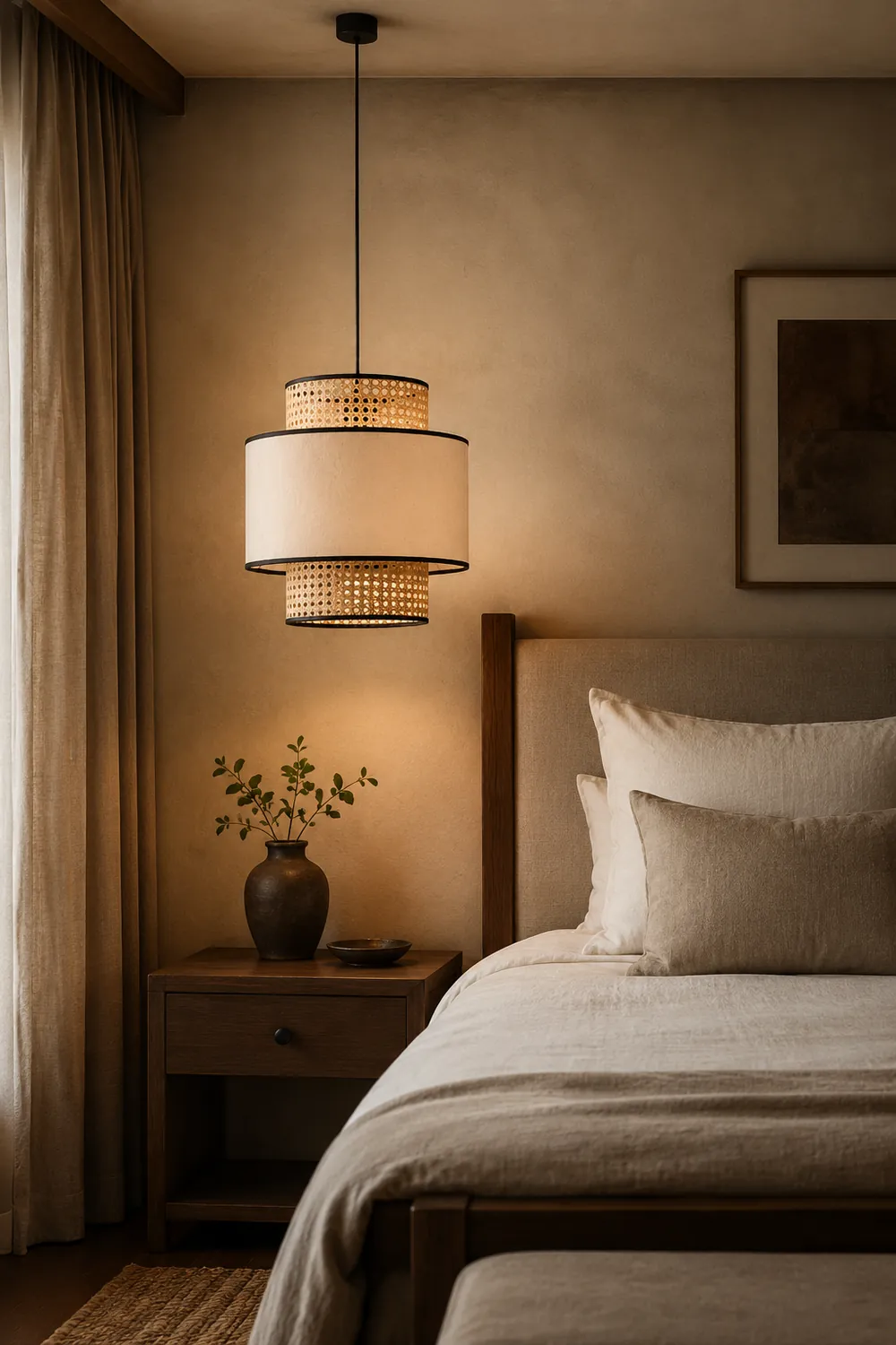 Ritta Retro Fabric and Rattan Pendant Light, Beige - Lumpaz