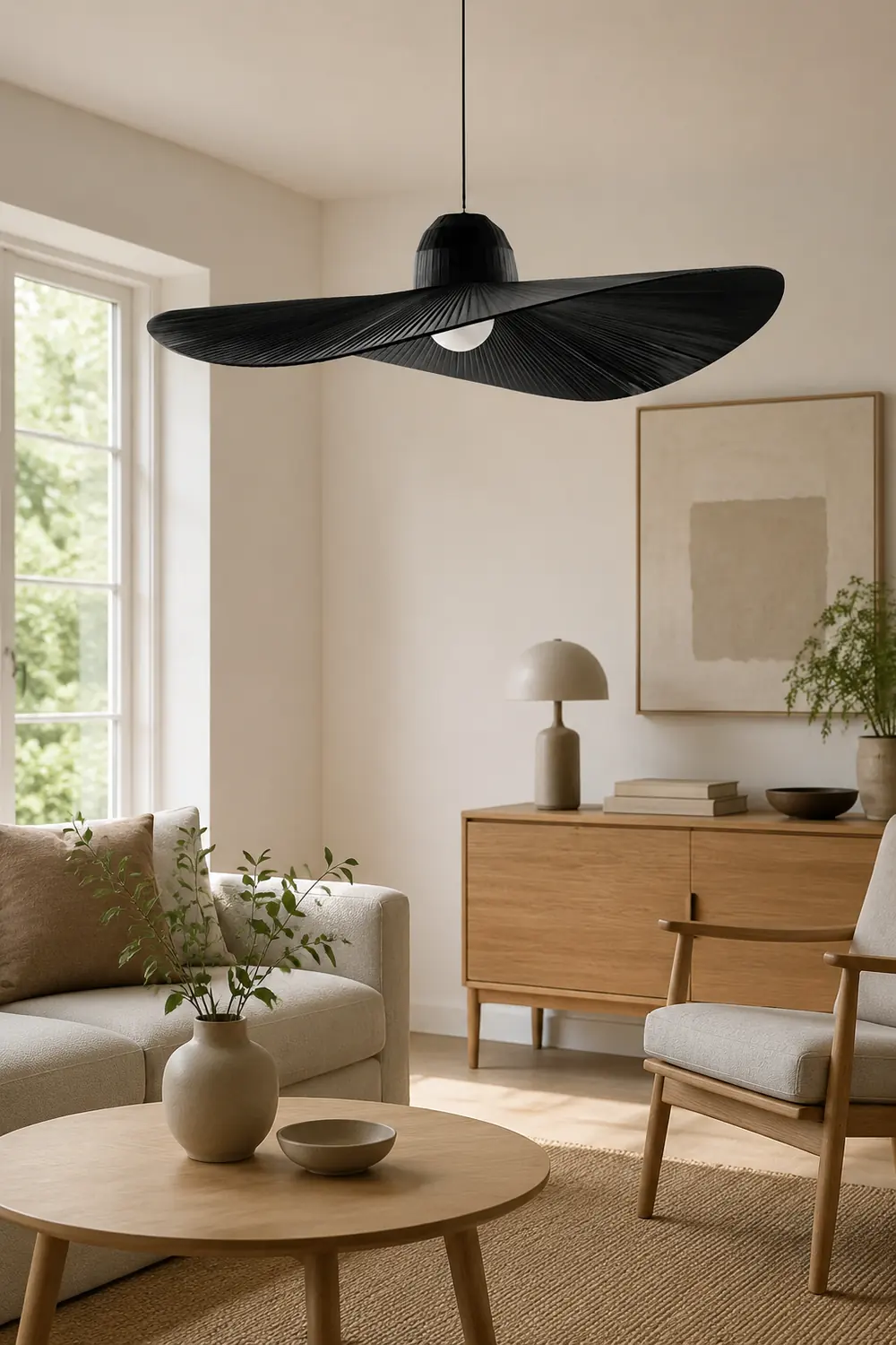 Renée Modern Woven Wide-Brimmed Hat Shape Metal/Fabric Pendant Light, Black/White - Lumpaz