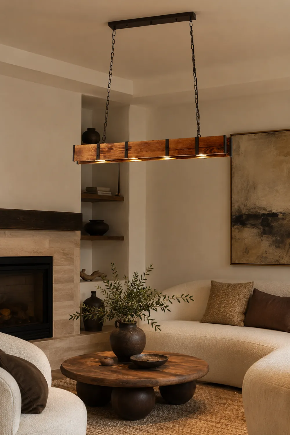 Alessio Vintage Linear Wood Pendant Light, Living Room/Restaurant - Lumpaz