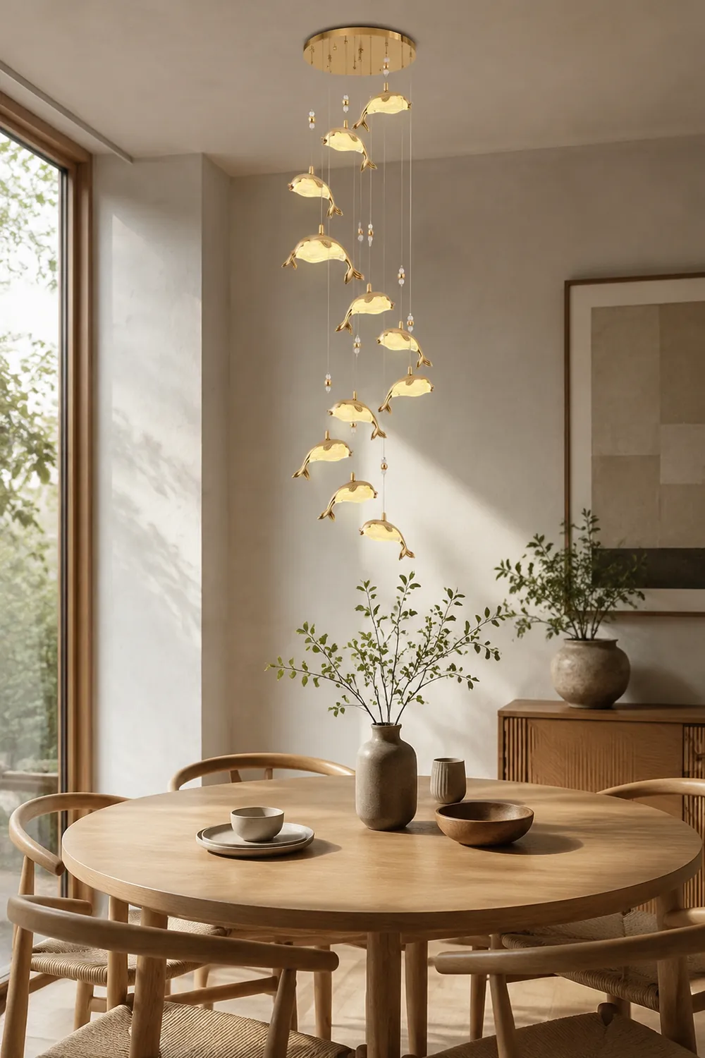 Jibril Modern Dolphin Metal Pendant Light, Gold, Metal/Acrylic - Lumpaz