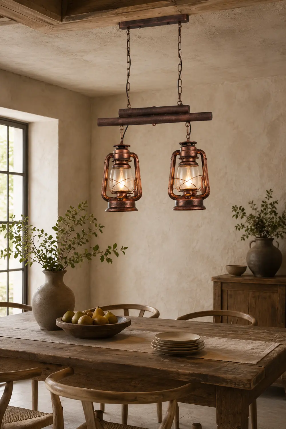 Alessio Rustic Vintage Lantern Pendant Light, Metal & Glass, 2 Heads - Lumpaz