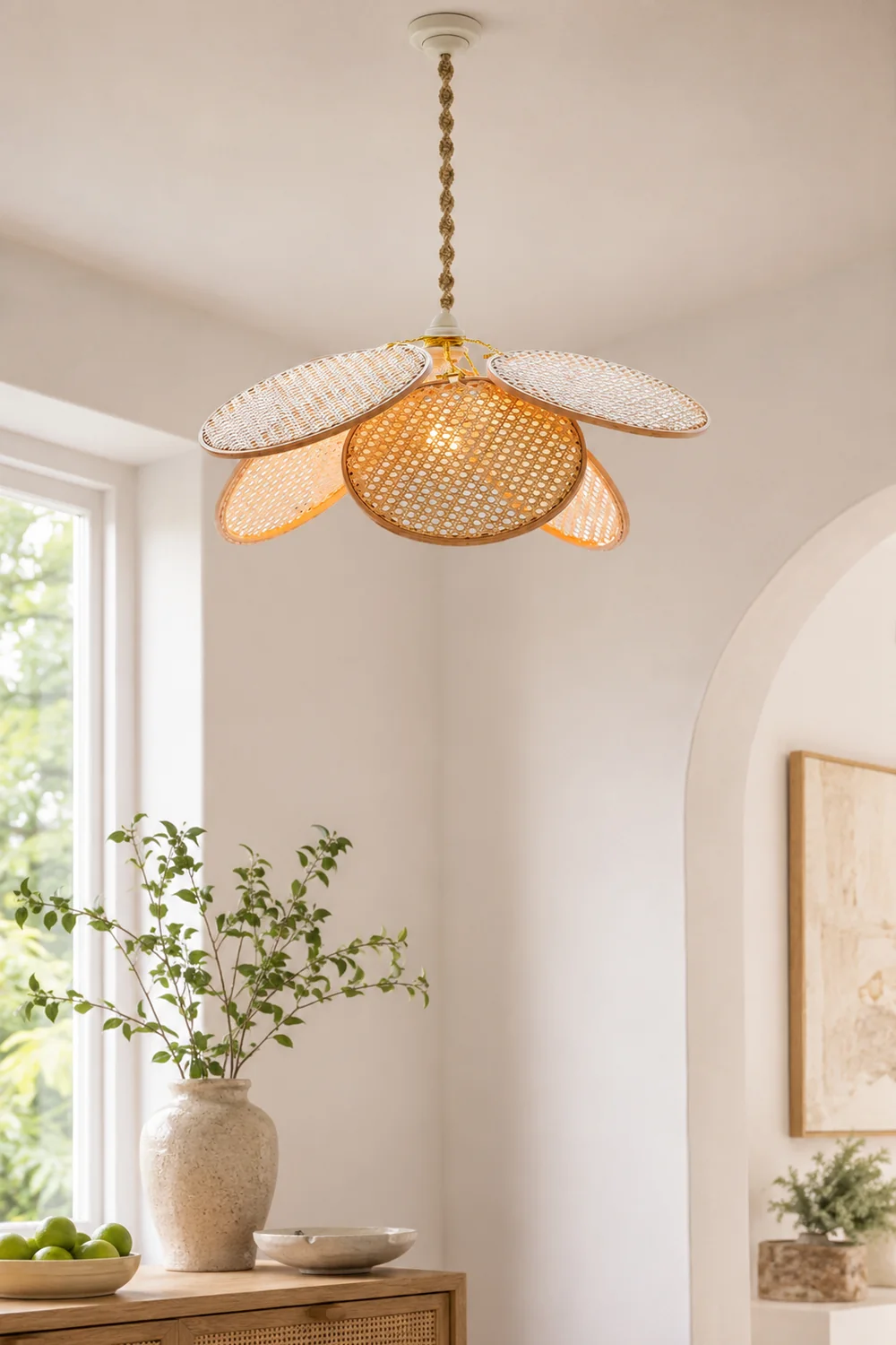 Ritta French Country Rattan Weave Creative Fan Pendant Light, Wooden - Lumpaz