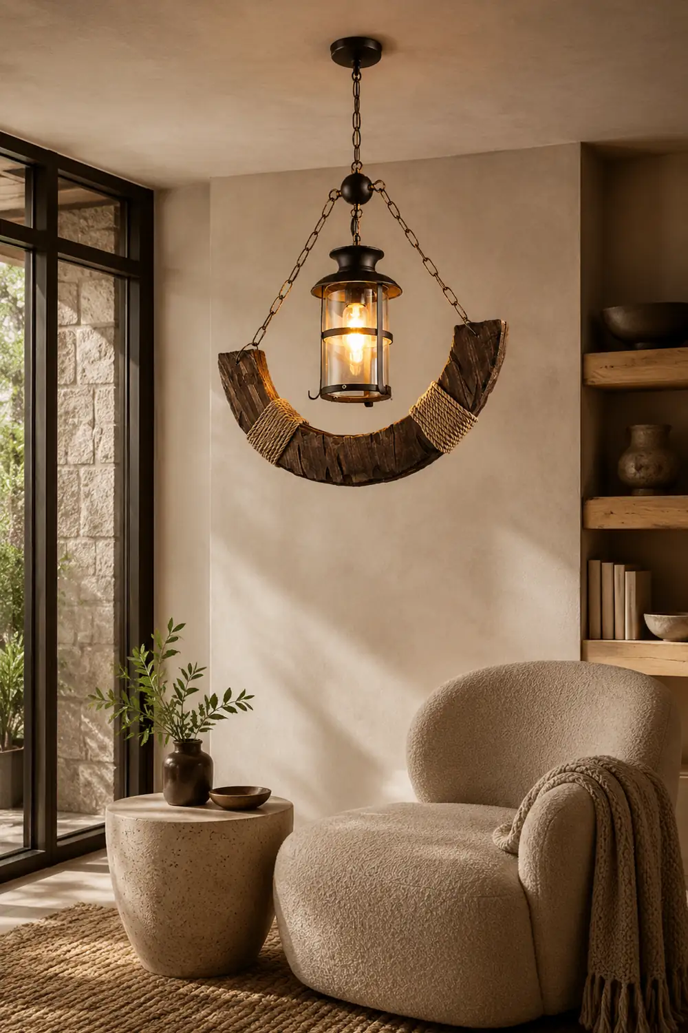 Austin Retro Rustic Arc Metal/Wood Lantern Glass Pendant Light - Lumpaz