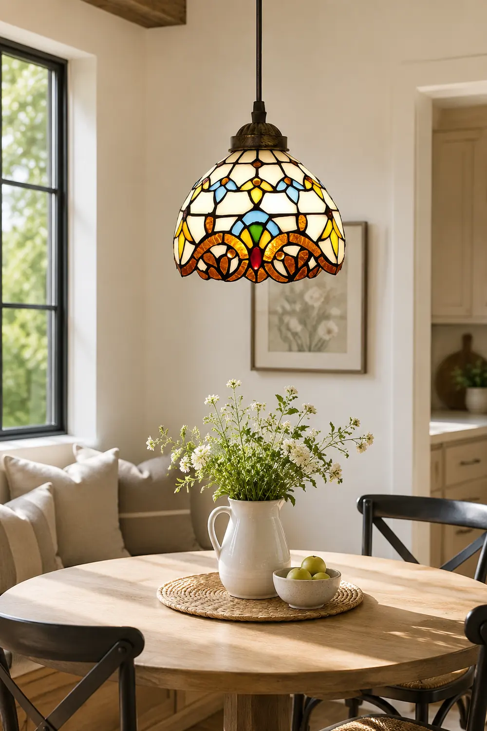 Alessio Tiffany Multicolor Bell Pendant Light, Yellow/Beige/Brown/Khaki/Blue/Purple - Lumpaz