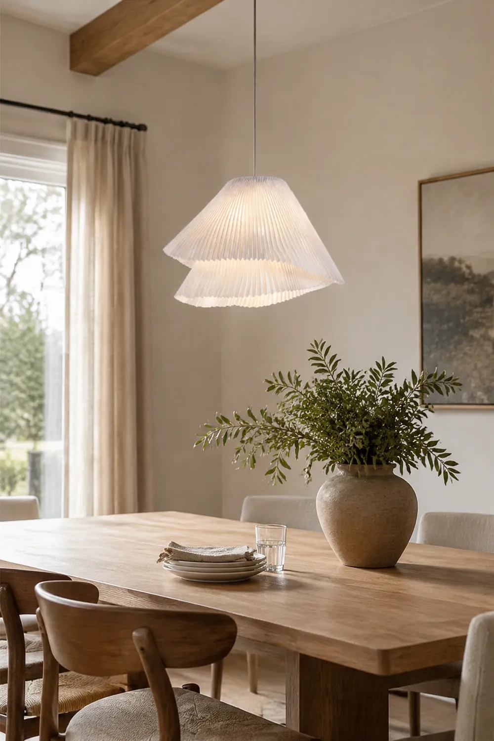 Renée Pendant Light Pleated Artificial Art Deco, Fabric, White, Bedroom - Lumpaz