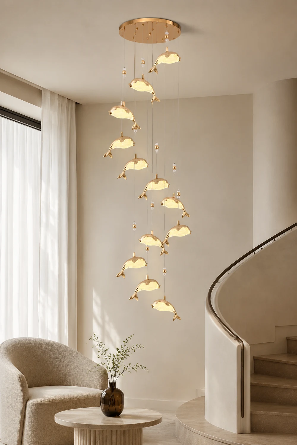 Jibril Modern Dolphin Metal Pendant Light, Gold, Metal/Acrylic - Lumpaz