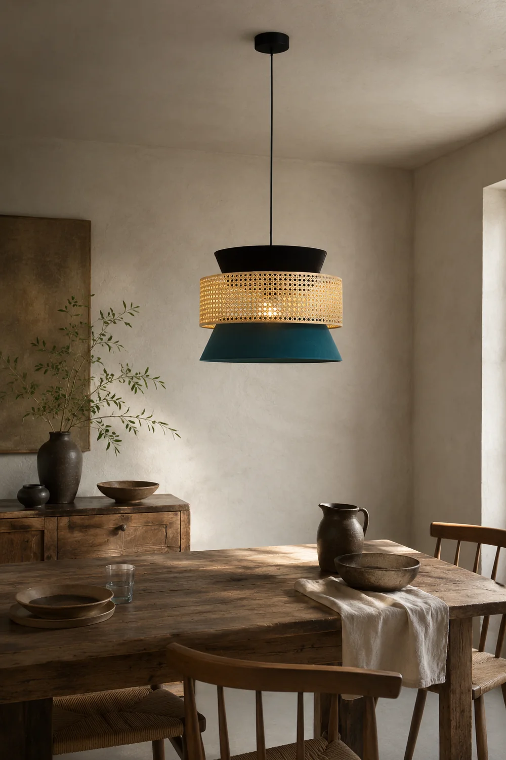 Ritta Retro Rattan/Fabbric Pendant Light, Dark Green - Lumpaz