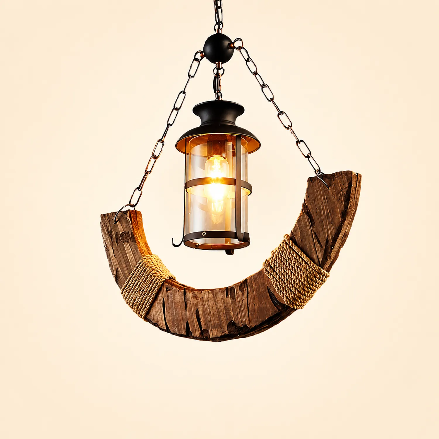 Austin Retro Rustic Arc Metal/Wood Lantern Glass Pendant Light - Lumpaz