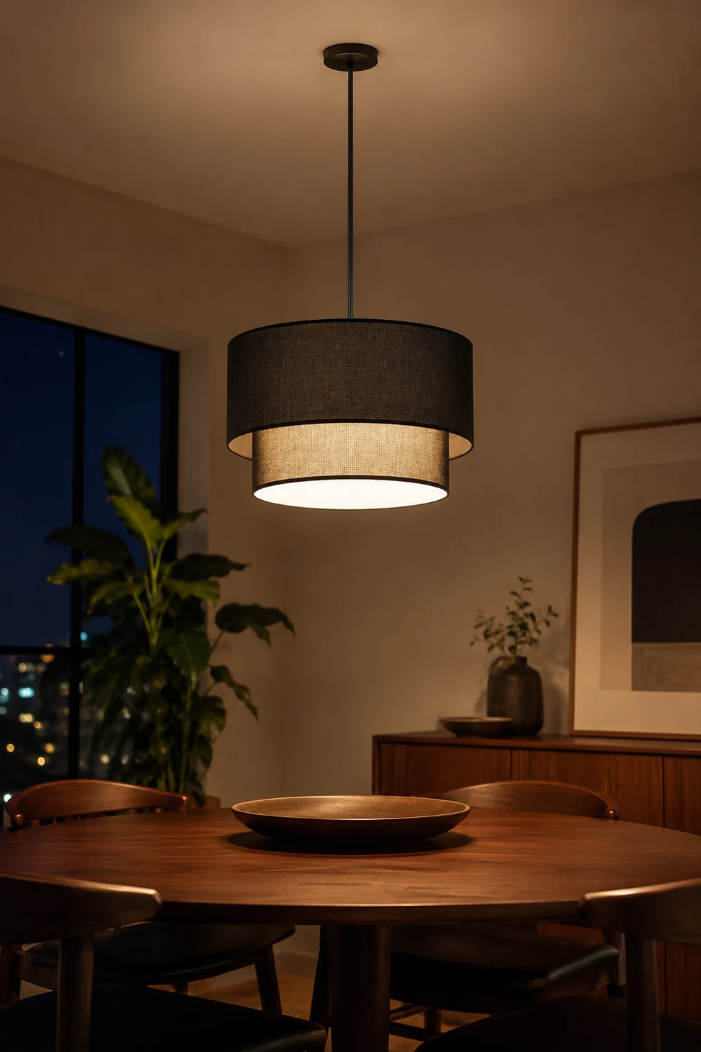 Renée Modern Dual Drum Fabric Pendant Light, Black/White/Flaxen - Lumpaz