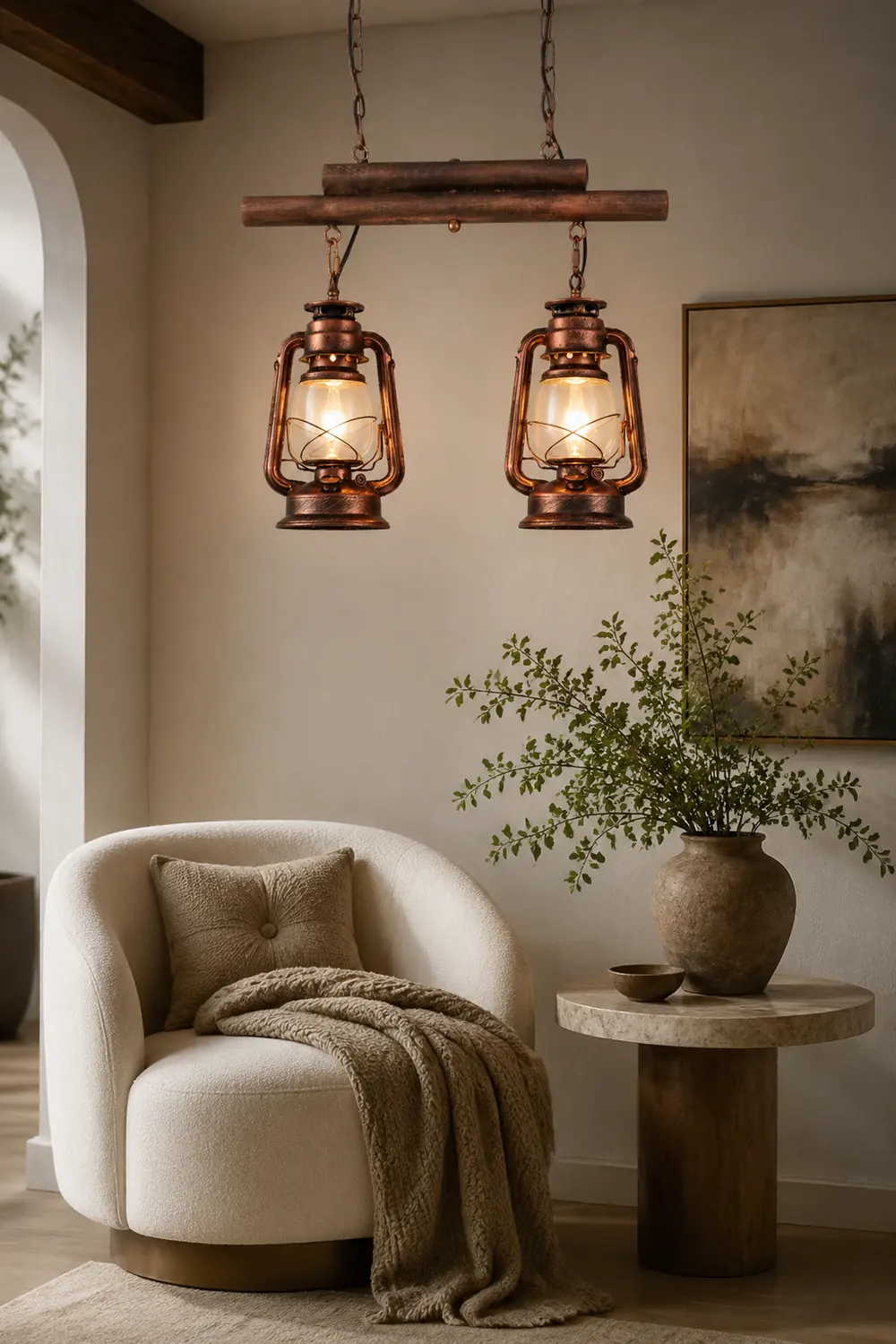 Alessio Rustic Vintage Lantern Pendant Light, Metal & Glass, 2 Heads - Lumpaz