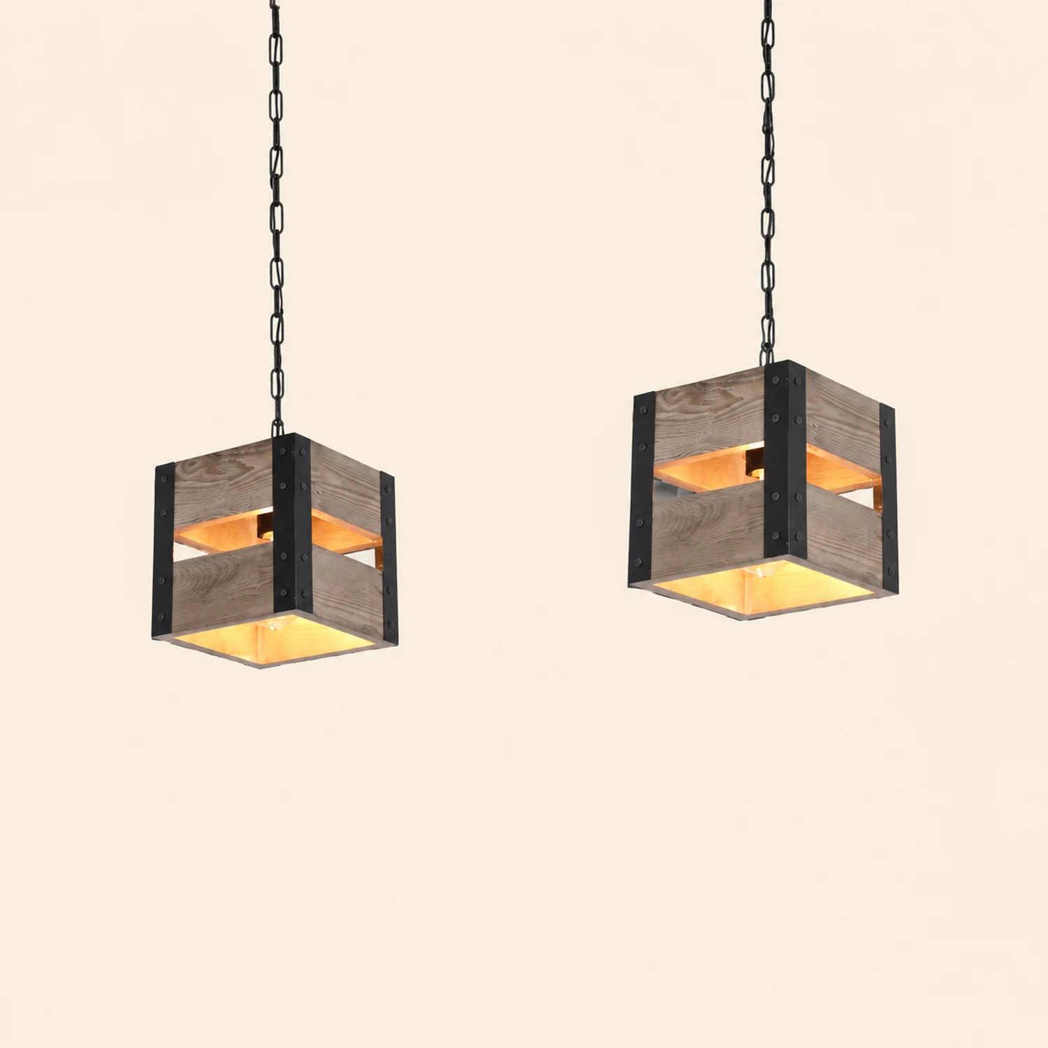 Alessio Retro Square Metal & Wood Pendant Light, 4 Heads, 2 Style - Lumpaz