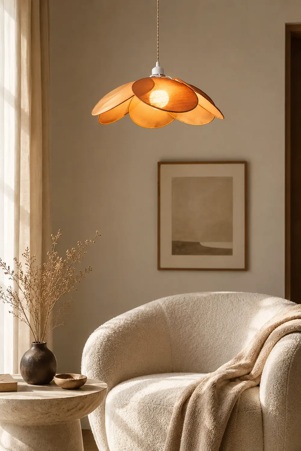 Renée Minimalist Fabric Flower Pendant Light, Orange/Brown/Beige - Lumpaz