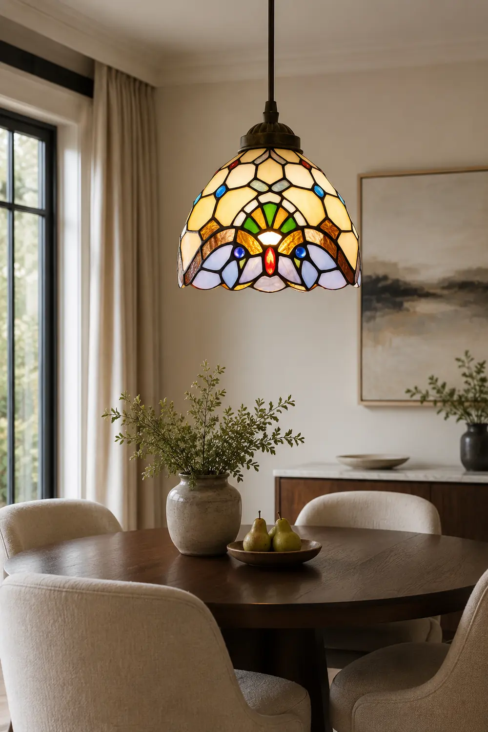 Alessio Tiffany Multicolor Bell Pendant Light, Yellow/Beige/Brown/Khaki/Blue/Purple - Lumpaz