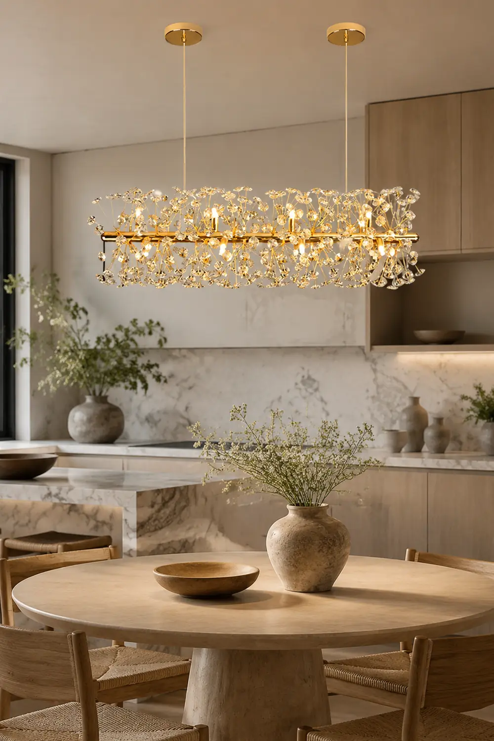 Lili Luxury Lineal/Flower Chandelier, Gold, Metal/Crystal - Lumpaz