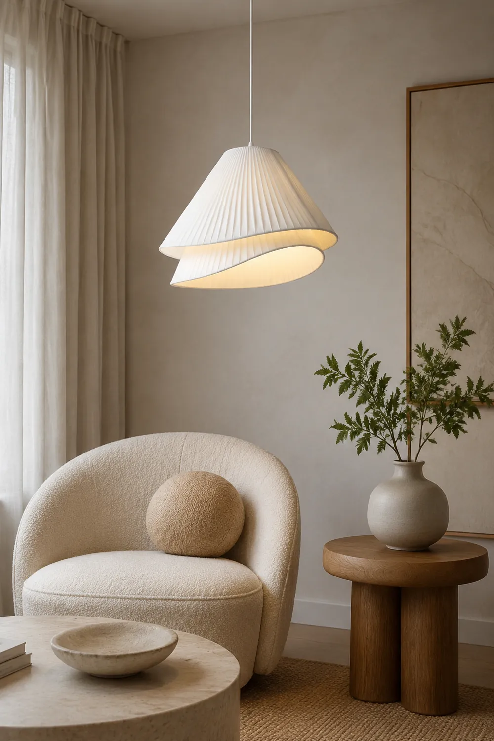 Renée Minimalist Double Overlap Fabric LED Pendant Light, White - Lumpaz