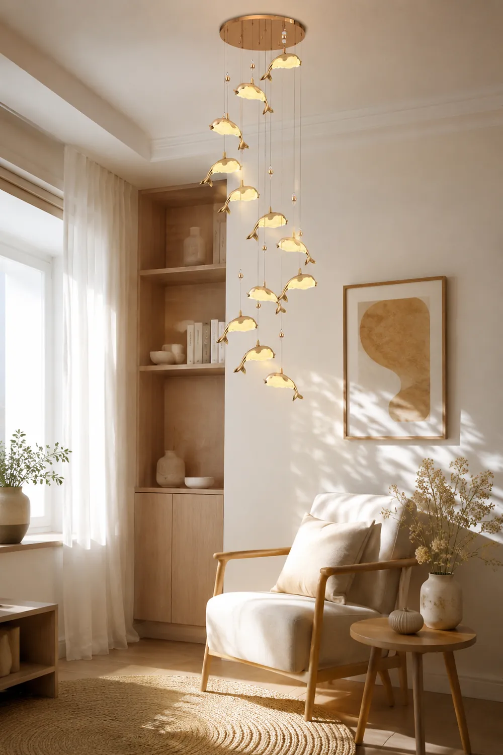 Jibril Modern Dolphin Metal Pendant Light, Gold, Metal/Acrylic - Lumpaz
