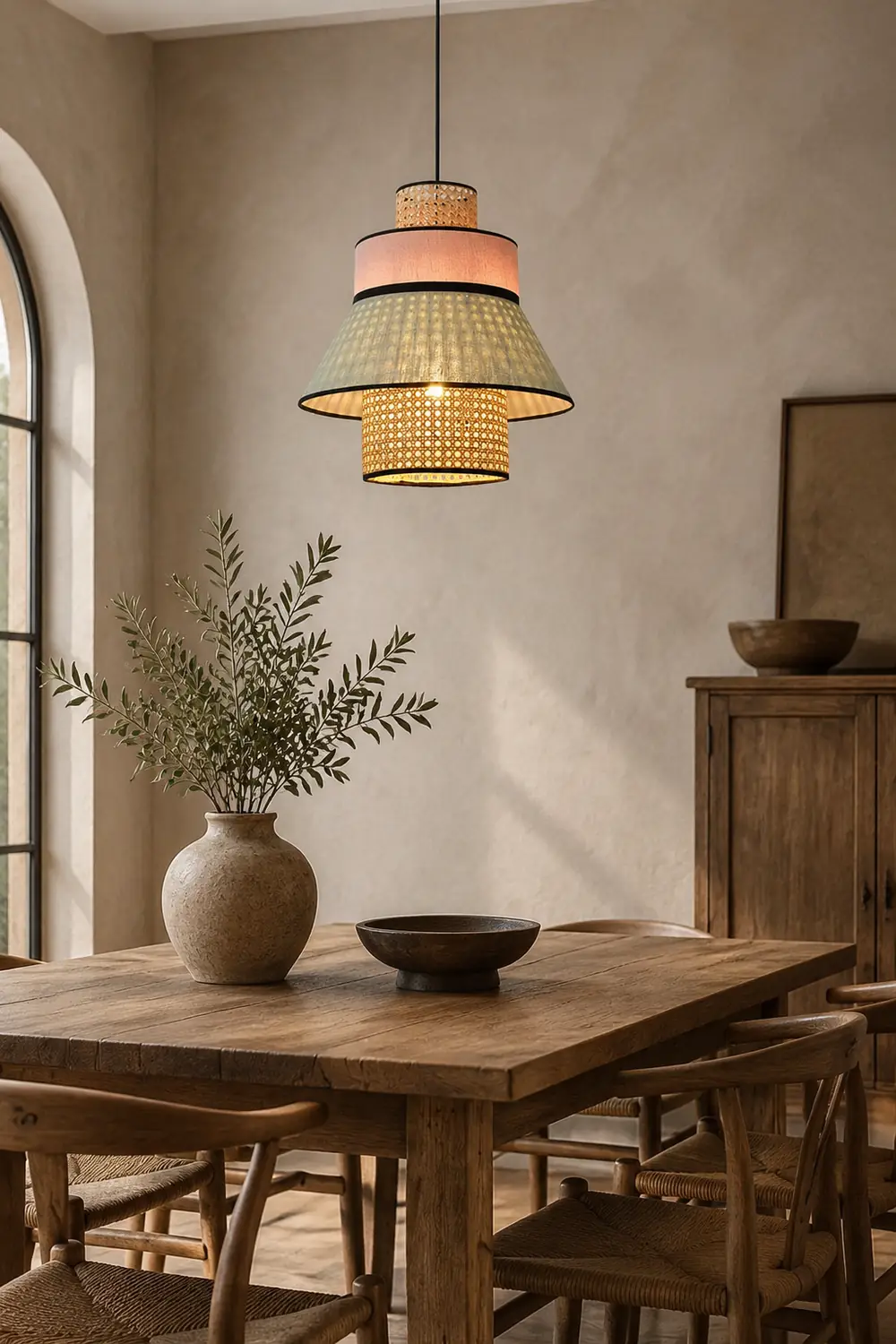Ritta Farmhouse Fabric/Rattan Pendant Light, 2 Style - Lumpaz