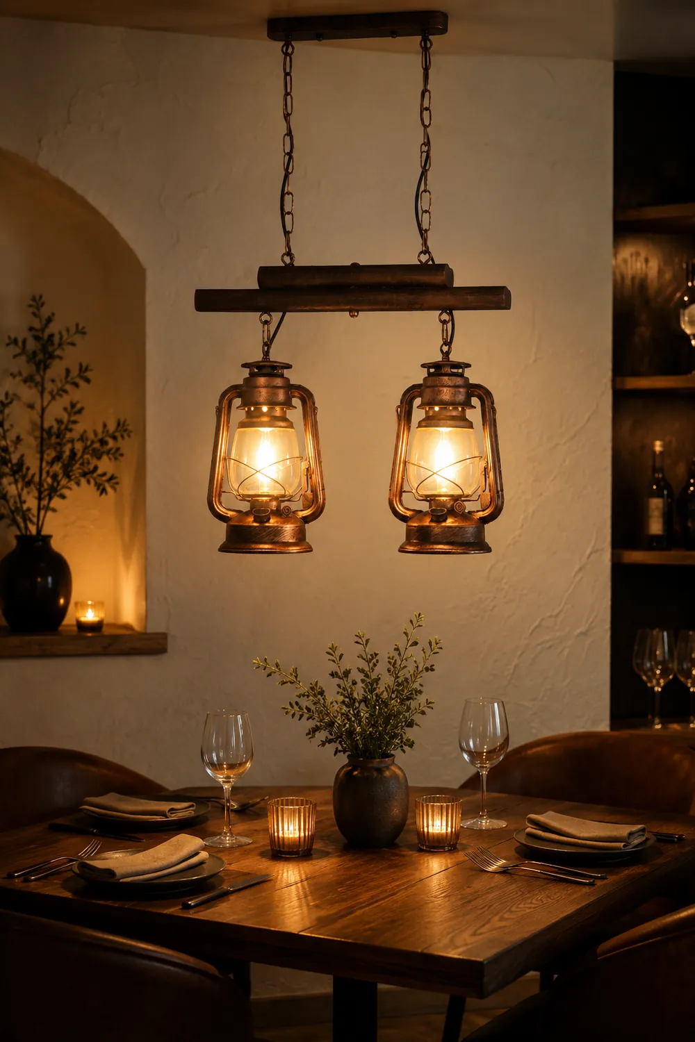 Alessio Rustic Vintage Lantern Pendant Light, Metal & Glass, 2 Heads - Lumpaz
