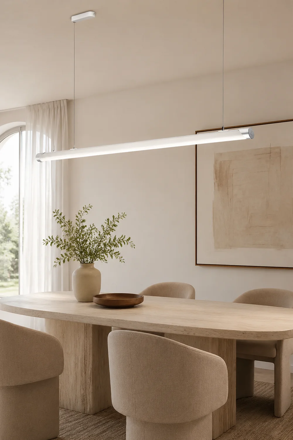 Minimalist Tube Glass/Metal Pendant Light, White, Dining Room - Lumpaz
