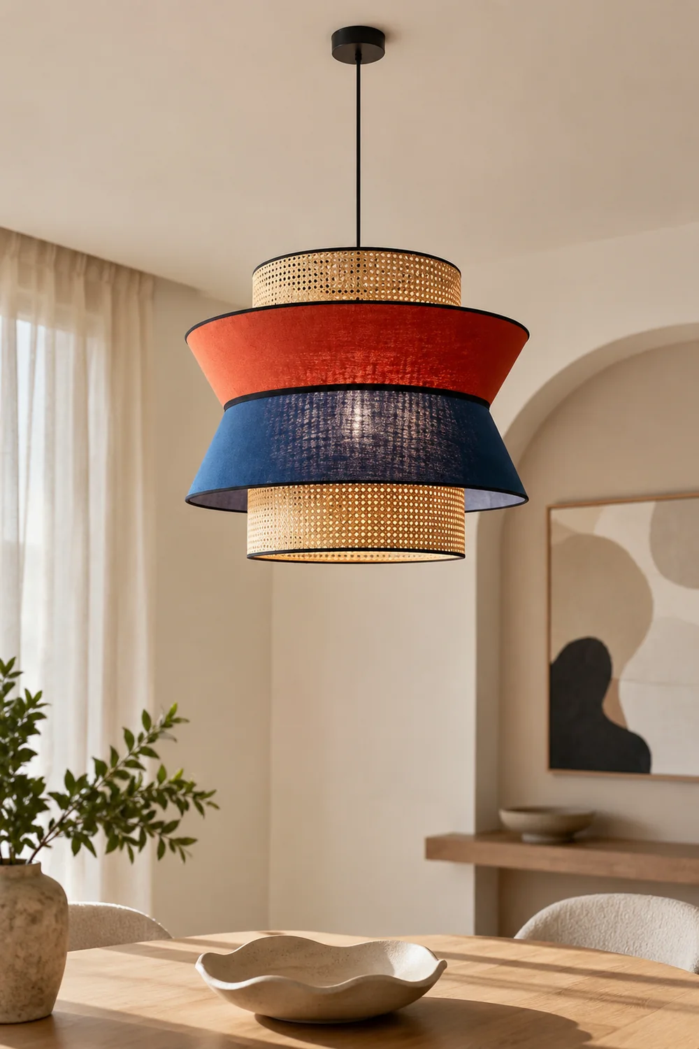 Ritta Fabric and Rattan Pendant Light, Orange/Dark Blue - Lumpaz