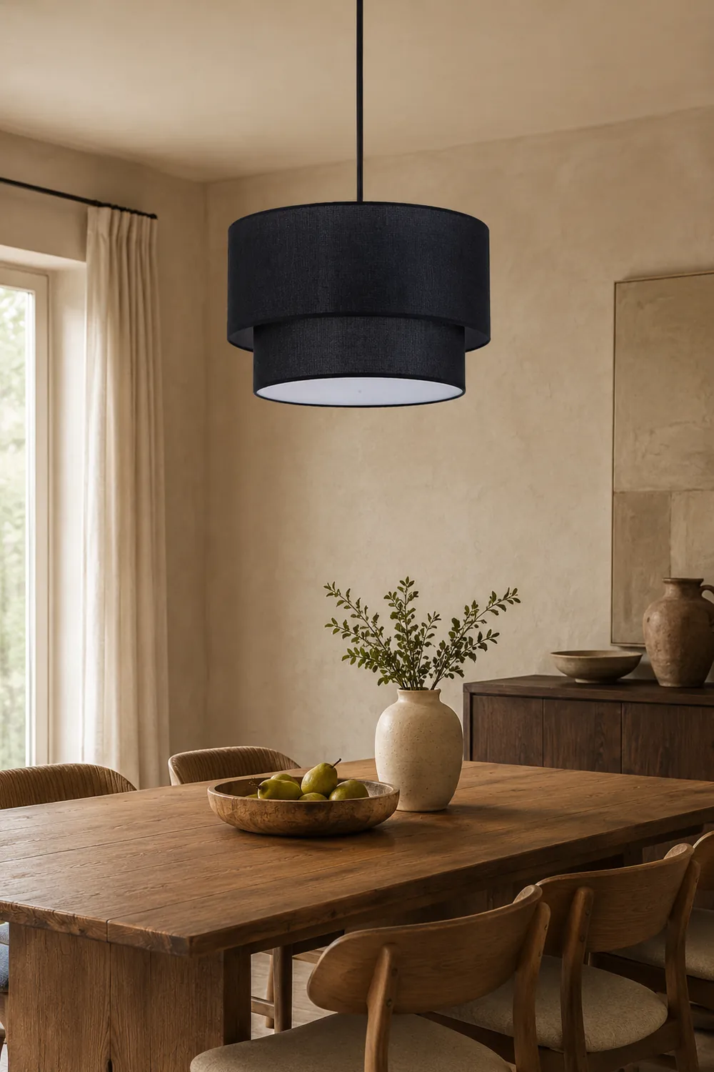 Renée Modern Dual Drum Fabric Pendant Light, Black/White/Flaxen - Lumpaz