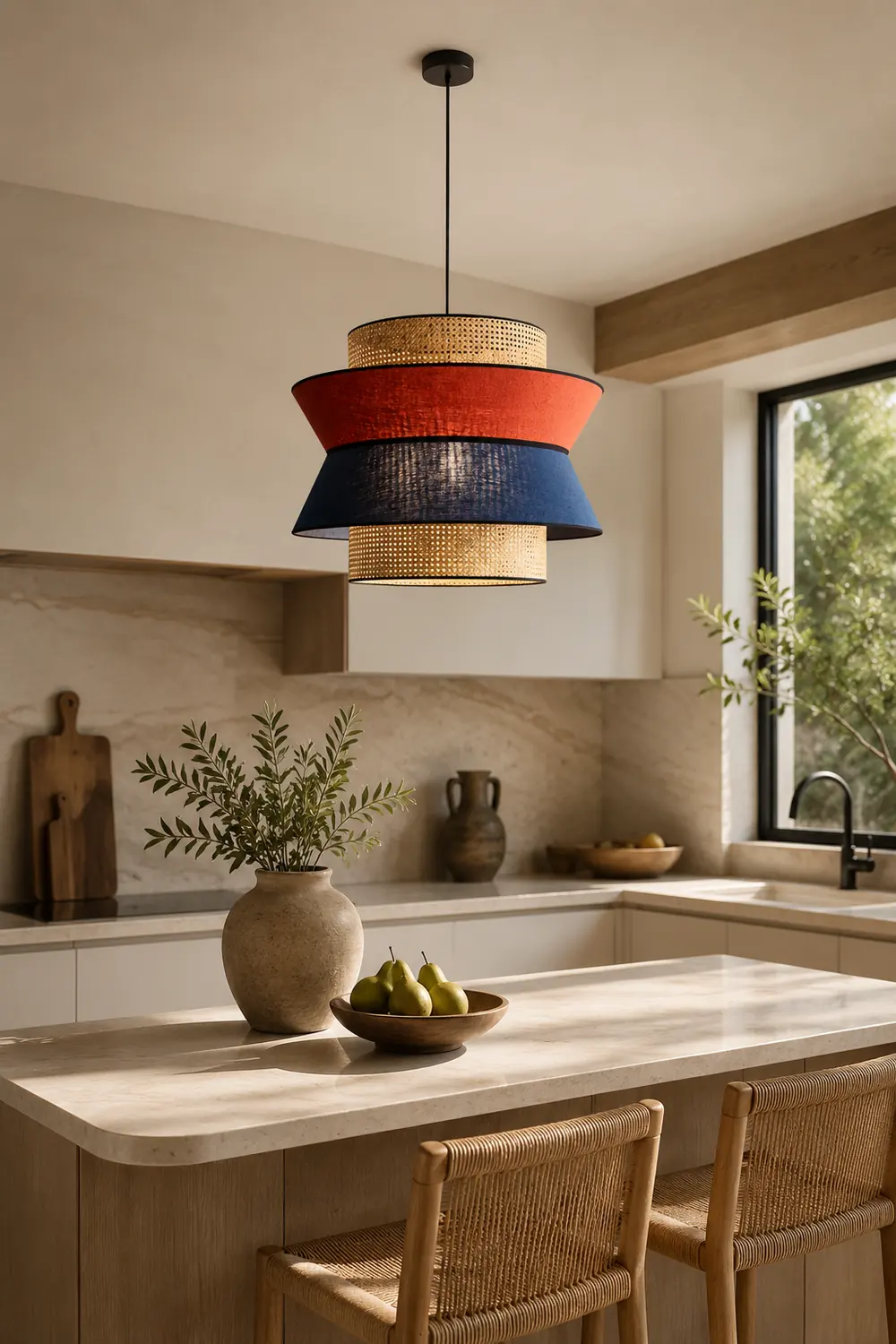 Ritta Fabric and Rattan Pendant Light, Orange/Dark Blue - Lumpaz