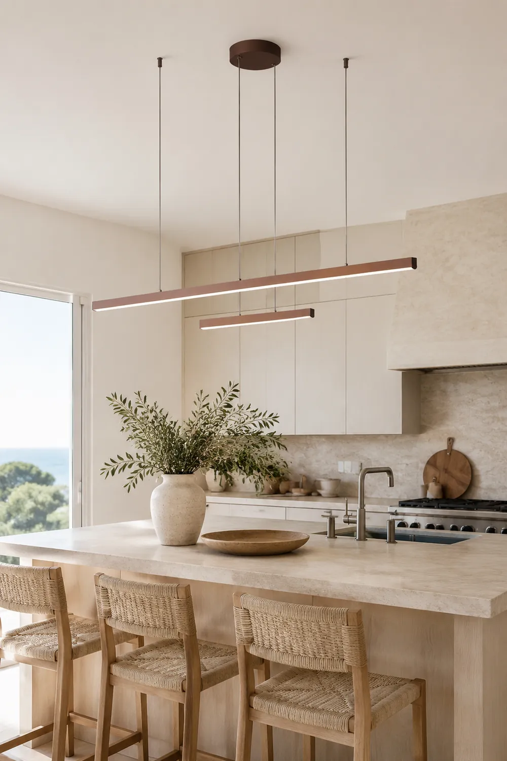 Edge Modern Minimalist Double-Linear Metal Pendant Light, Brown - Lumpaz
