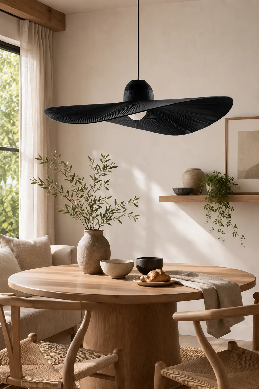 Renée Modern Woven Wide-Brimmed Hat Shape Metal/Fabric Pendant Light, Black/White - Lumpaz