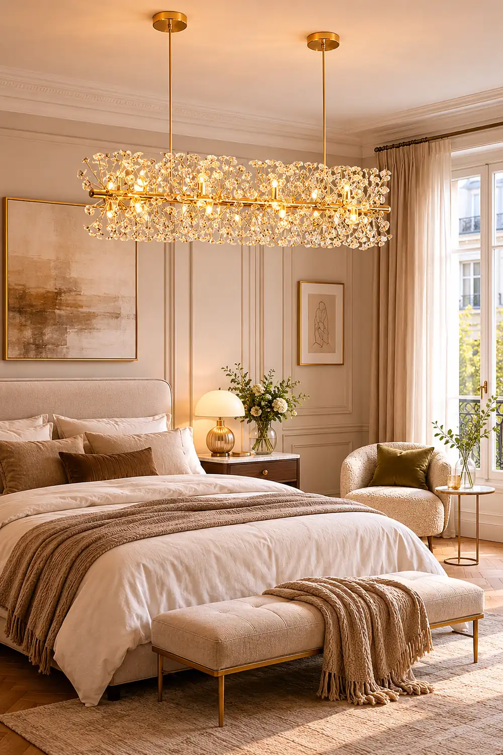 Lili Luxury Lineal/Flower Chandelier, Gold, Metal/Crystal - Lumpaz