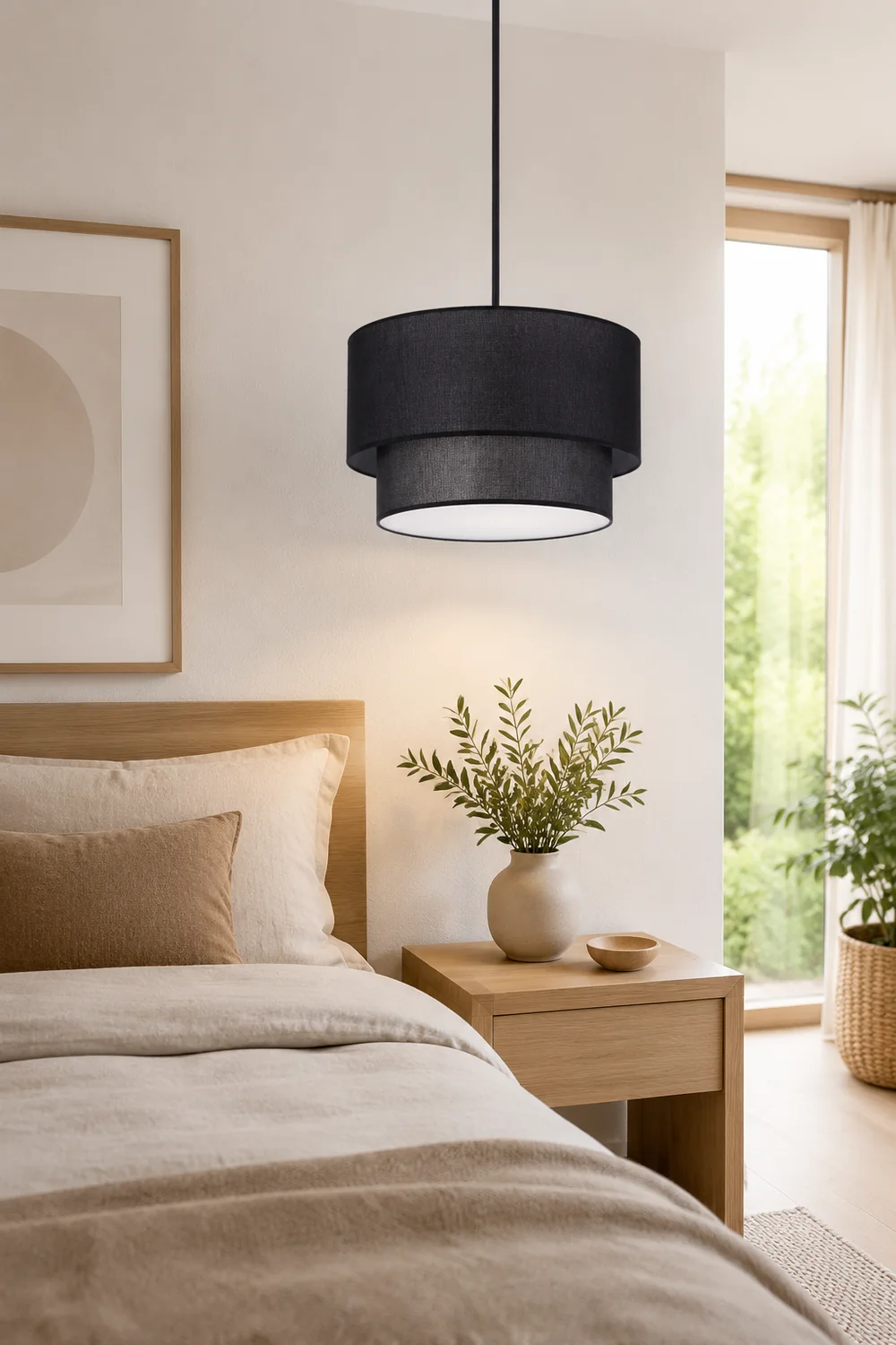 Renée Modern Dual Drum Fabric Pendant Light, Black/White/Flaxen - Lumpaz