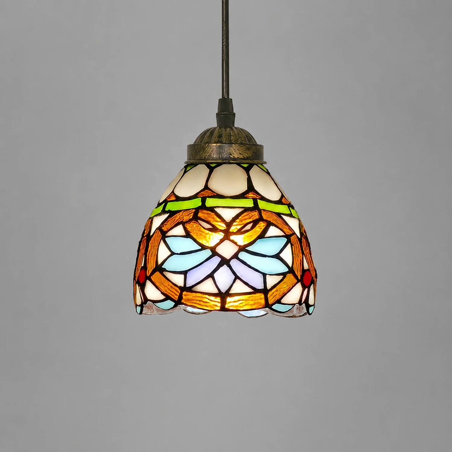 Alessio Tiffany Multicolor Bell Pendant Light, Yellow/Beige/Brown/Khaki/Blue/Purple - Lumpaz