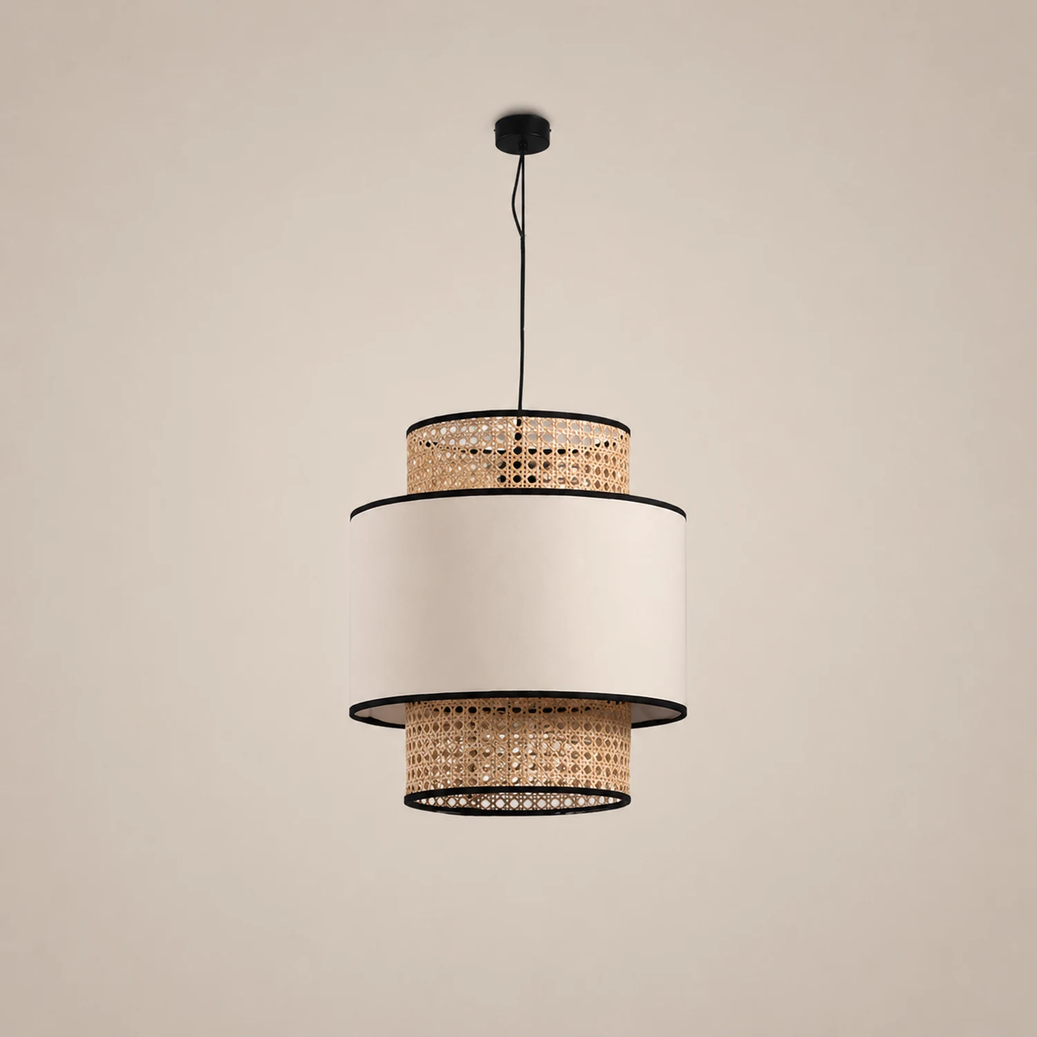 Ritta Retro Fabric and Rattan Pendant Light, Beige - Lumpaz