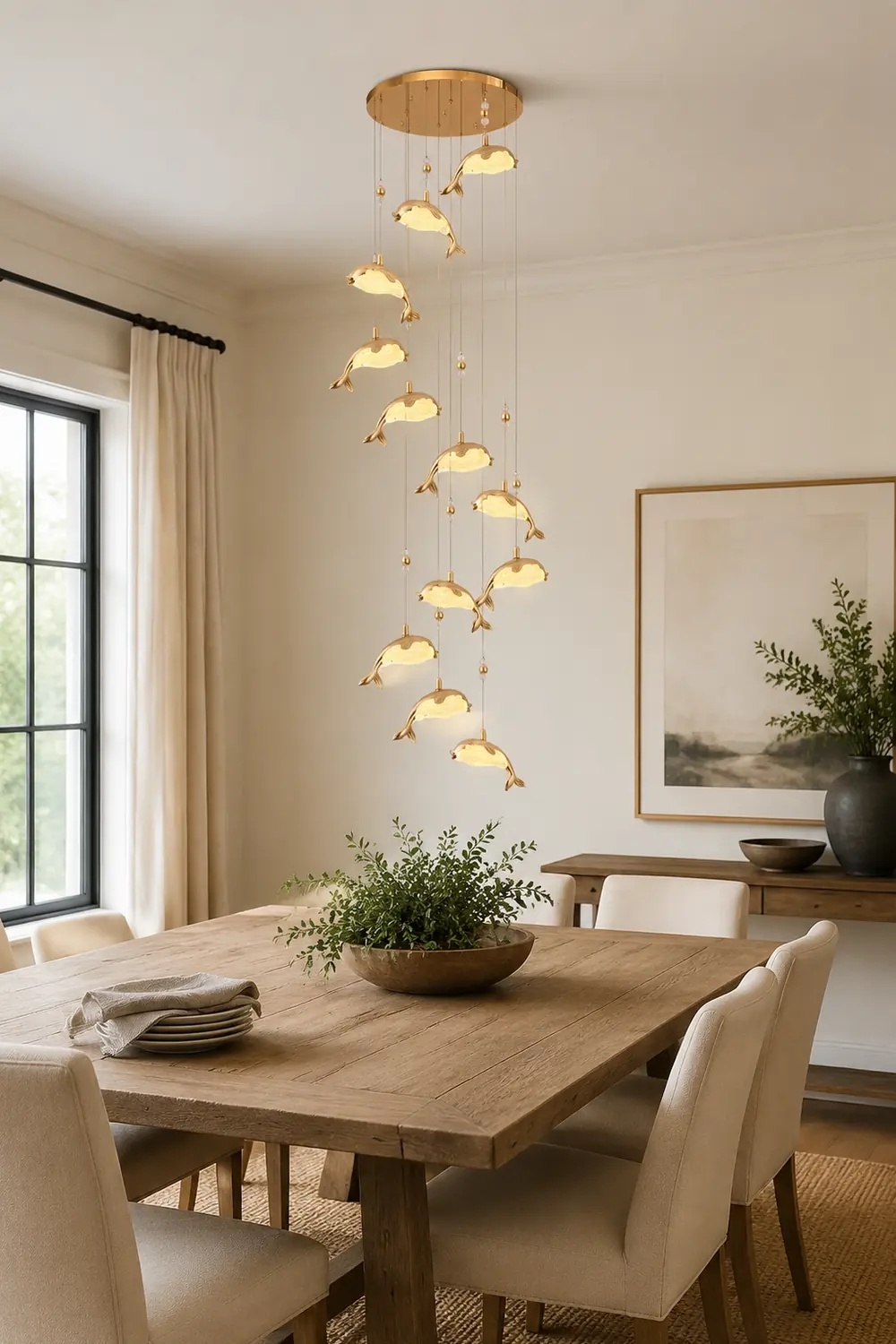 Jibril Modern Dolphin Metal Pendant Light, Gold, Metal/Acrylic - Lumpaz