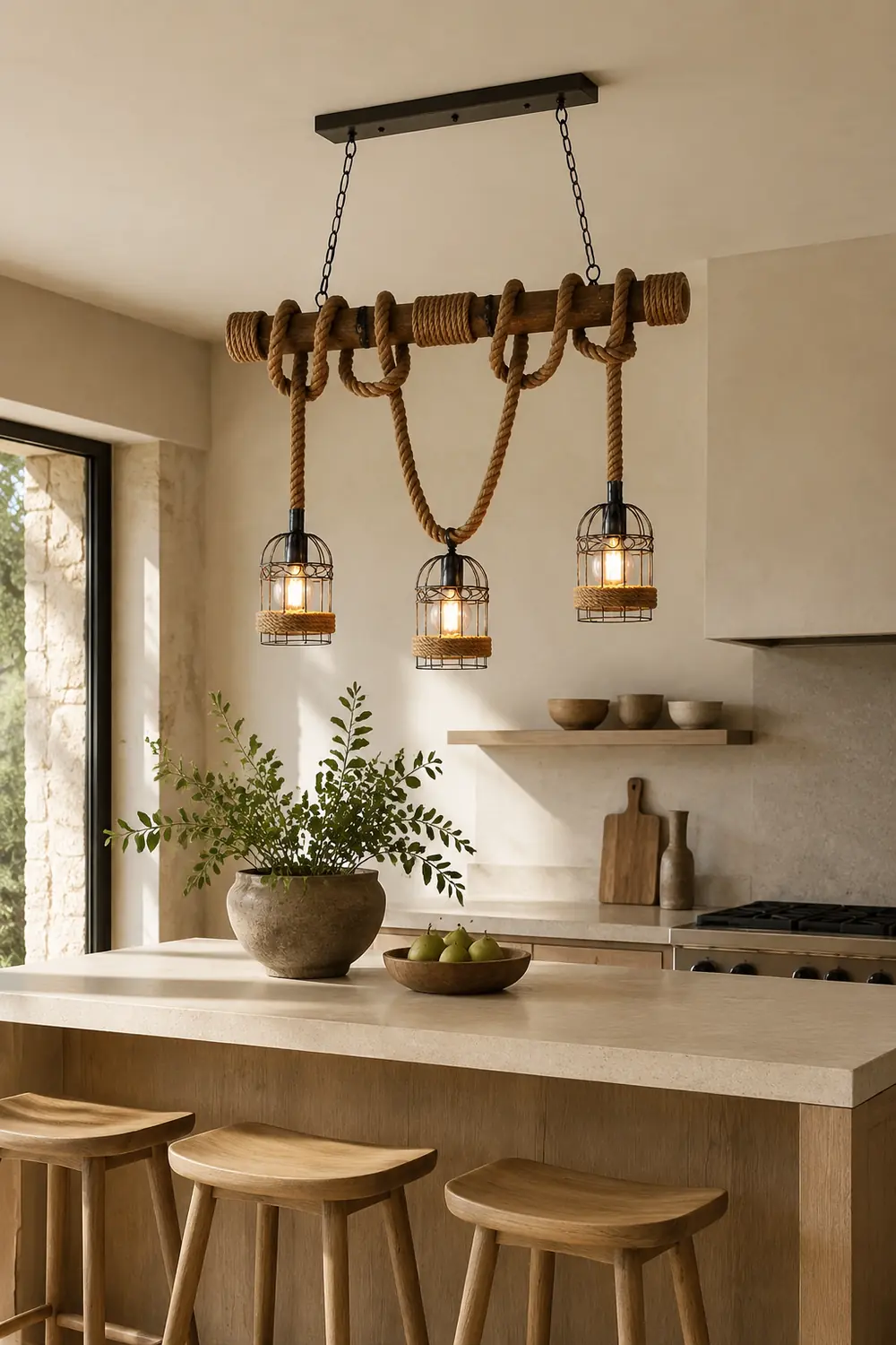 Alessio Vintage Wood Pendant Light, 3 Heads, Hemp rope&Metal - Lumpaz