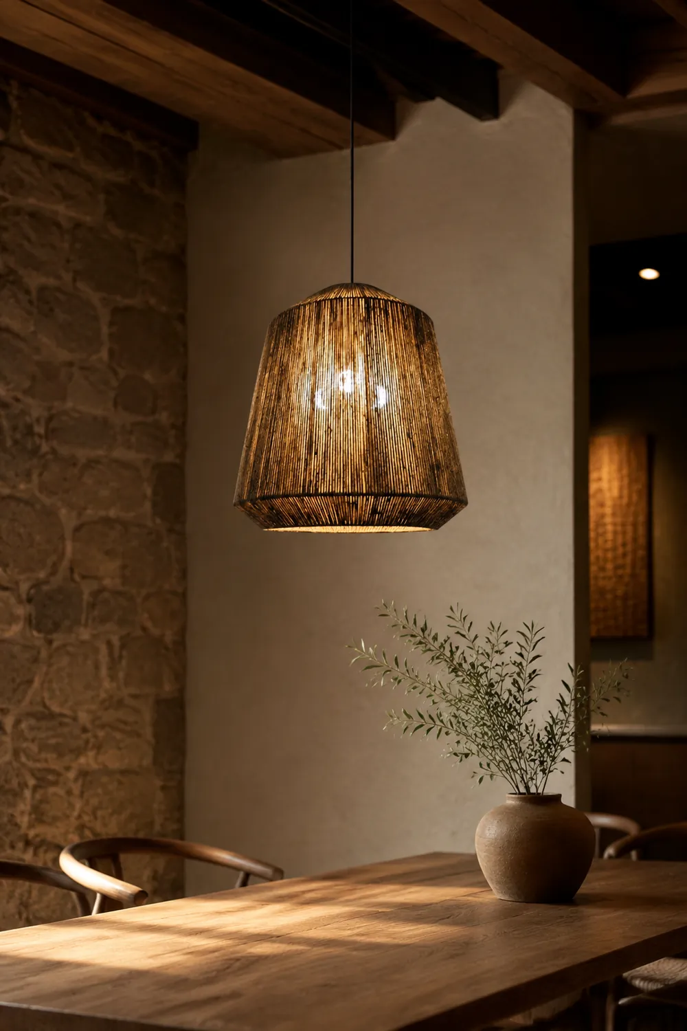 Rustic Lantern Metal/Rope Pendant Light, Gray, Restaurant - Lumpaz