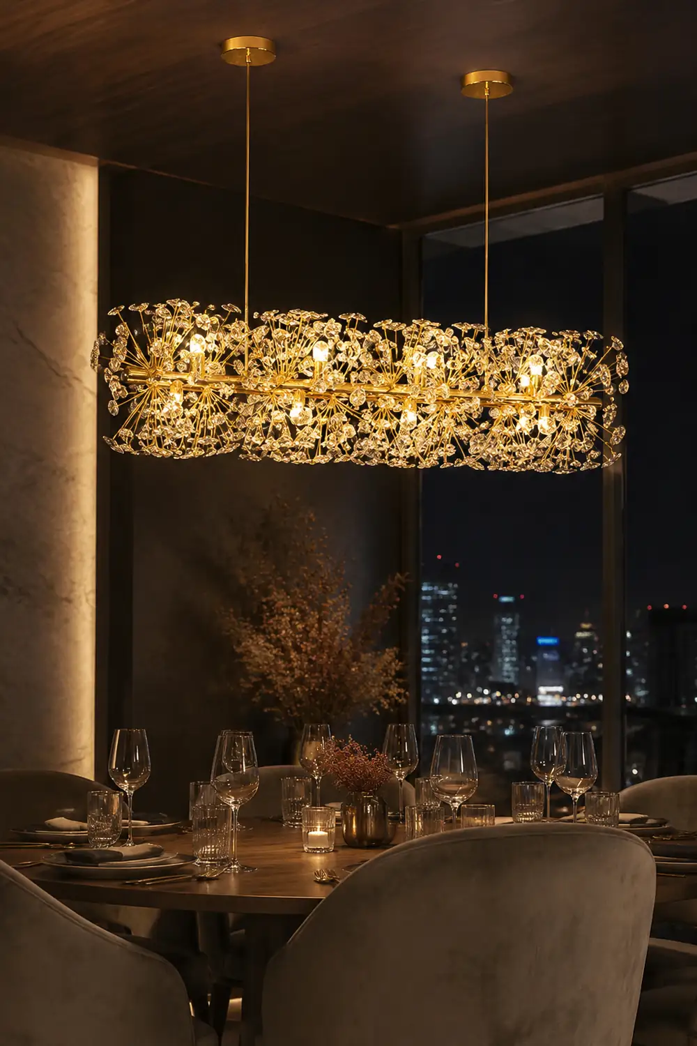 Lili Luxury Lineal/Flower Chandelier, Gold, Metal/Crystal - Lumpaz