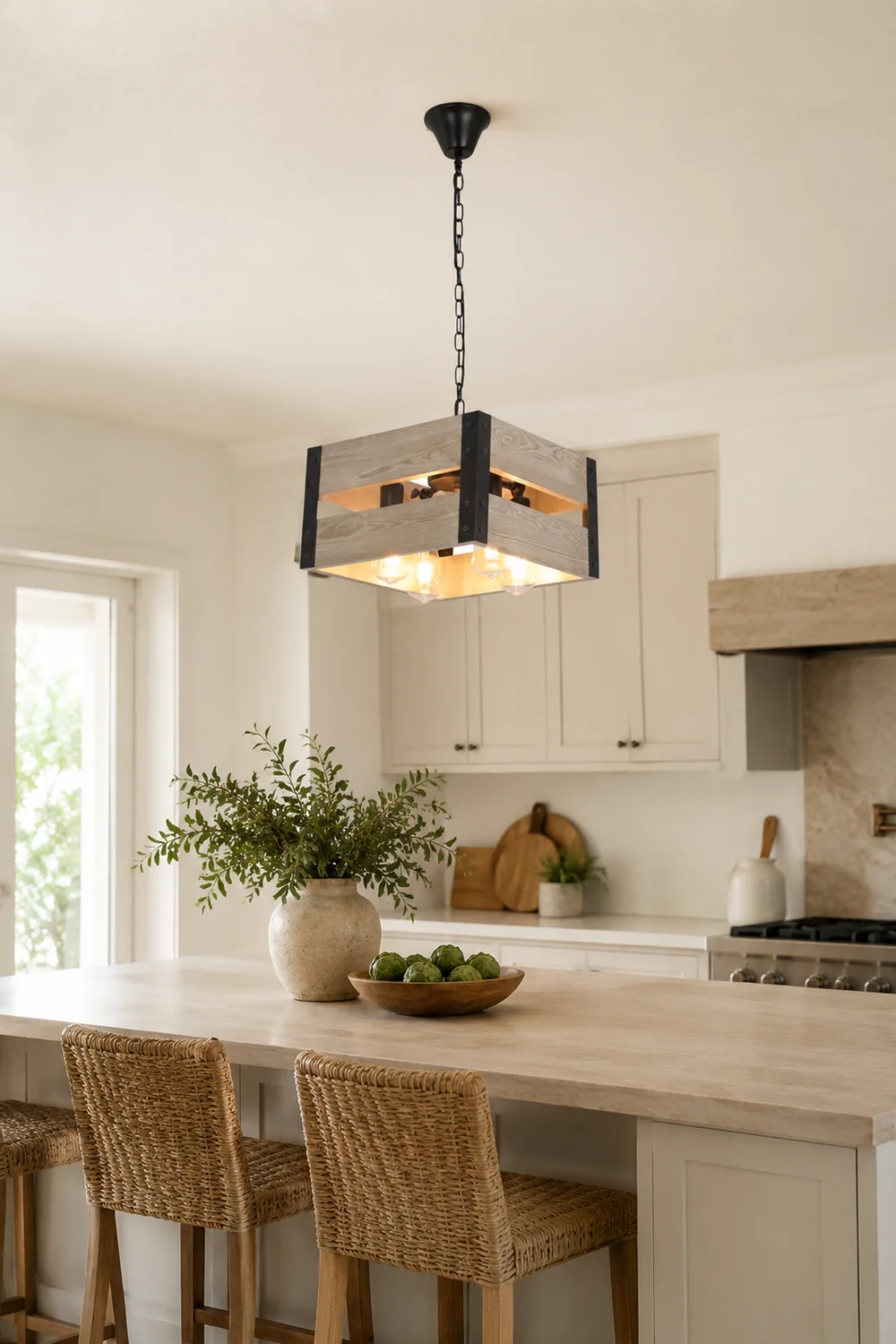 Alessio Retro Square Metal & Wood Pendant Light, 4 Heads, 2 Style - Lumpaz