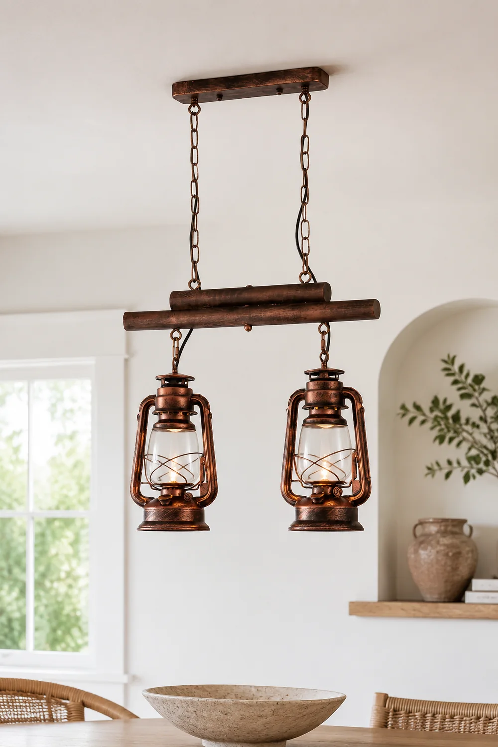 Alessio Rustic Vintage Lantern Pendant Light, Metal & Glass, 2 Heads - Lumpaz