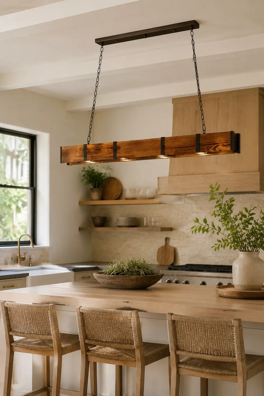 Alessio Vintage Linear Wood Pendant Light, Living Room/Restaurant - Lumpaz