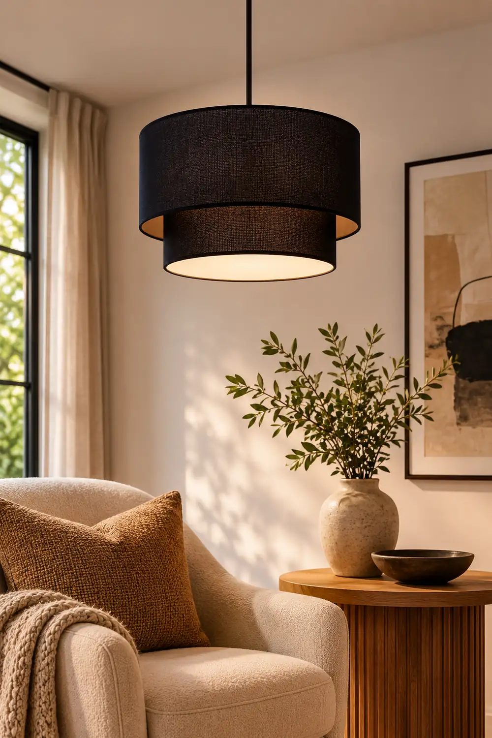 Renée Modern Dual Drum Fabric Pendant Light, Black/White/Flaxen - Lumpaz