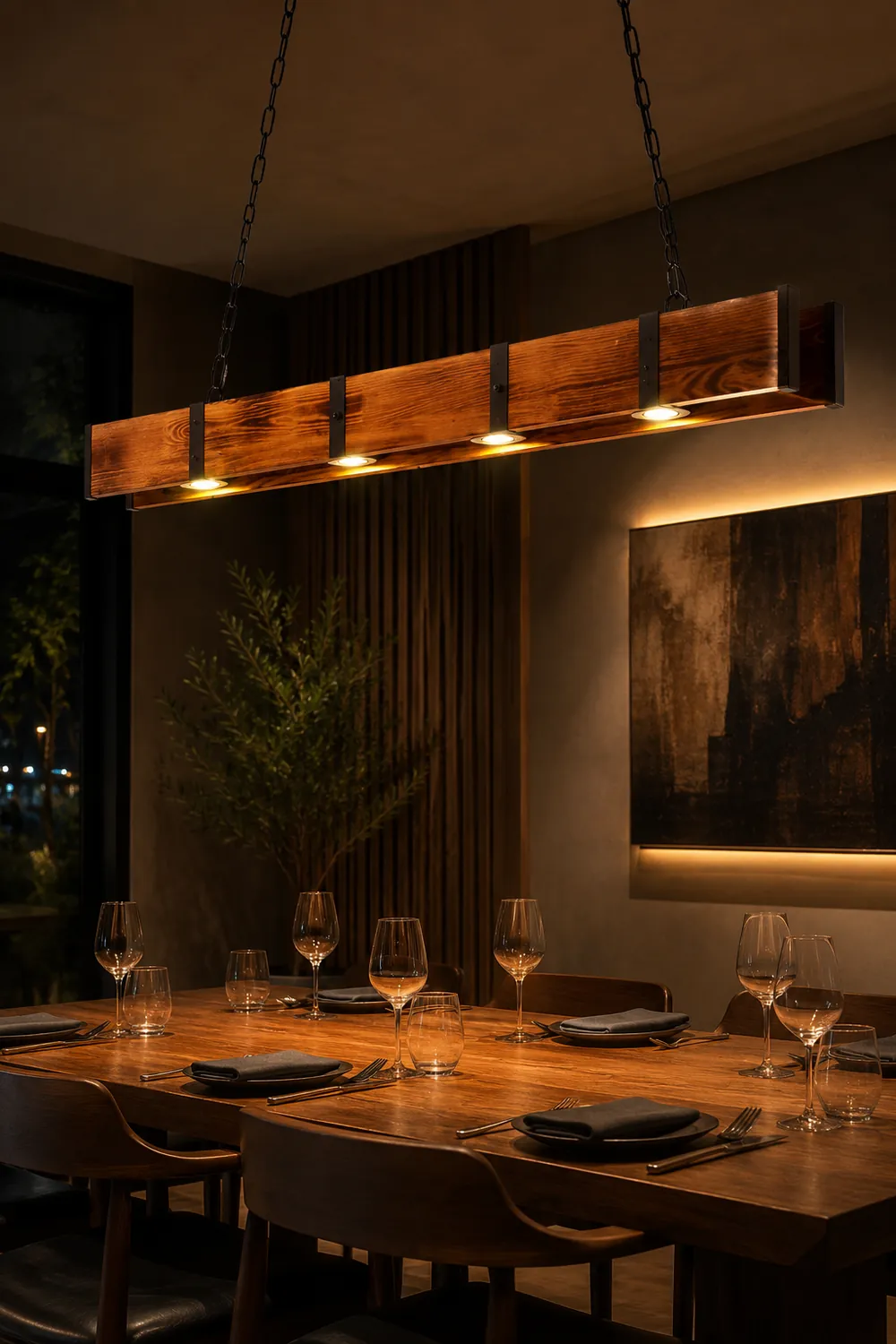 Alessio Vintage Linear Wood Pendant Light, Living Room/Restaurant - Lumpaz