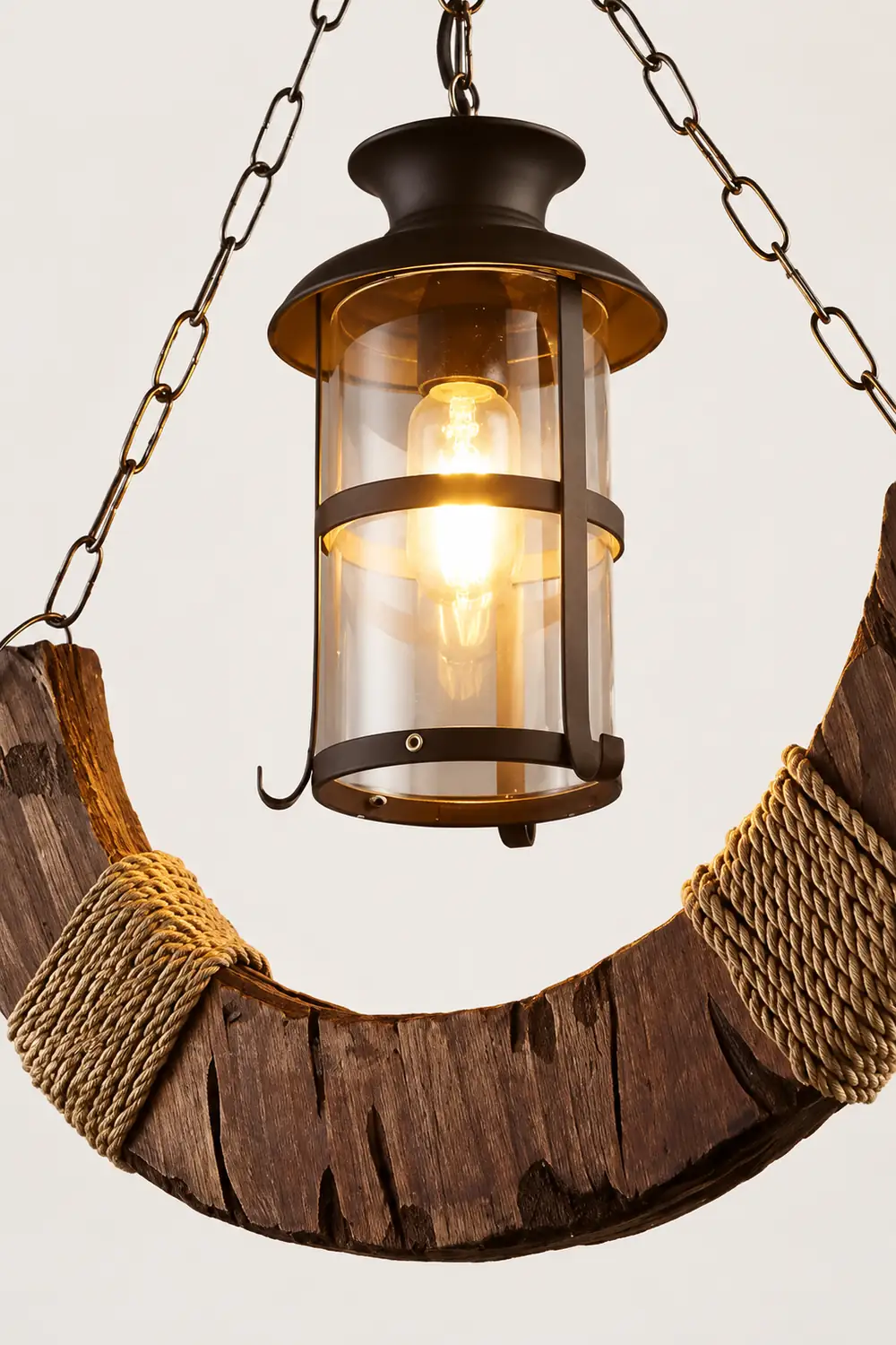 Austin Retro Rustic Arc Metal/Wood Lantern Glass Pendant Light - Lumpaz