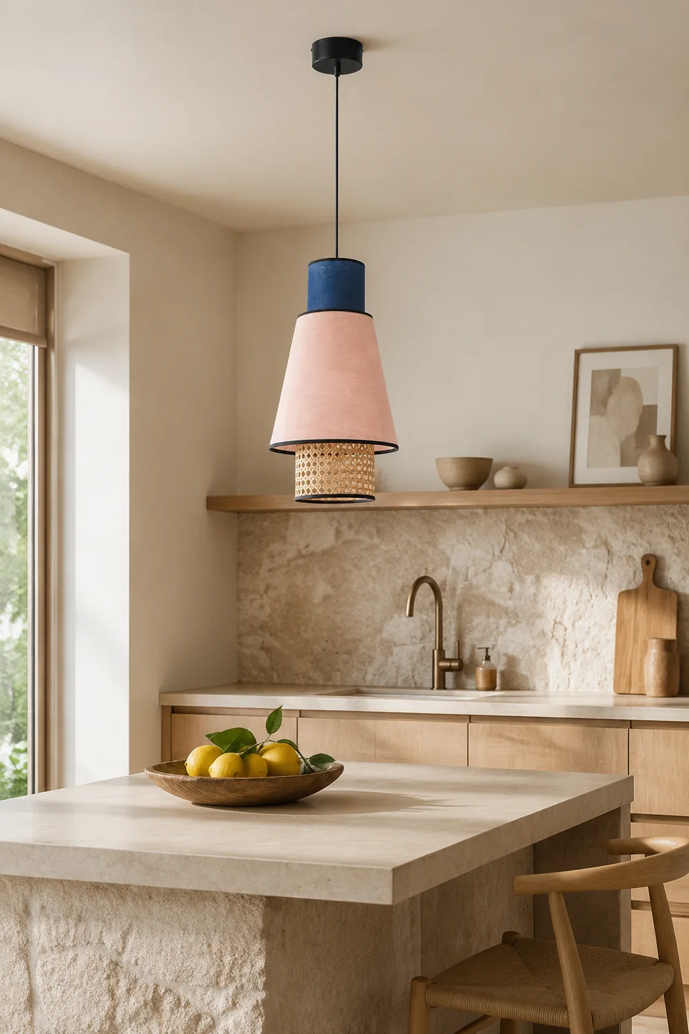 Ritta Cylindrical Fabric/Rattan Pendant Light, Pink/Royal Blue - Lumpaz